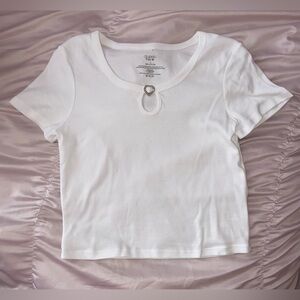 White cropped tee with silver rhinestone heart